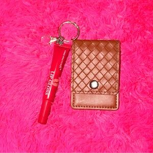 Free People Brown Woven Key Card Holder with Red Lip Gloss Charm